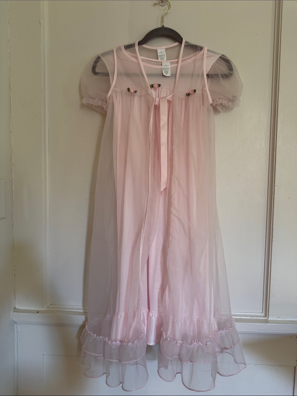 Girls' Pink Sheer Nightgown with Ribbon Tie robe size 8 flower detail